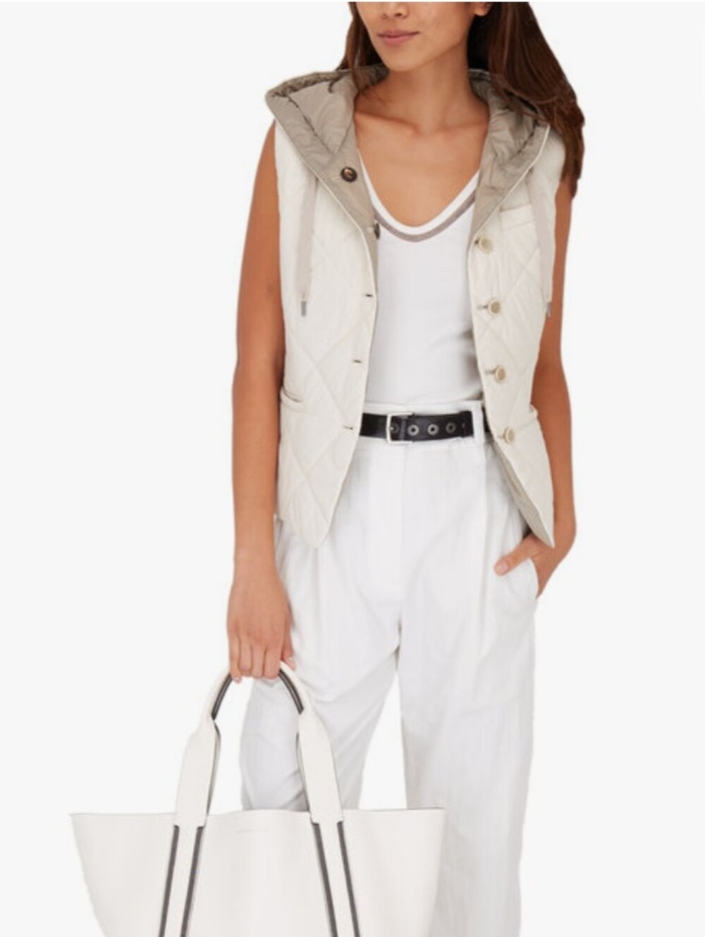 Brunello Cucinelli Vanilla Quilted Nylon Down Hooded Reversible Vest Eur 46 / 10